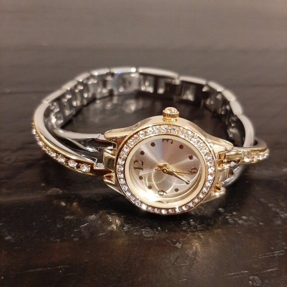 Quartz Wrist Watch Silver Gold Plated Crossover Link Rhinestone Stainless Steel - Picture 12 of 12